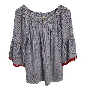 Grand Greene Womens S Off Shoulder Blue Striped Red Birds Bell Sleeve Pompoms‎